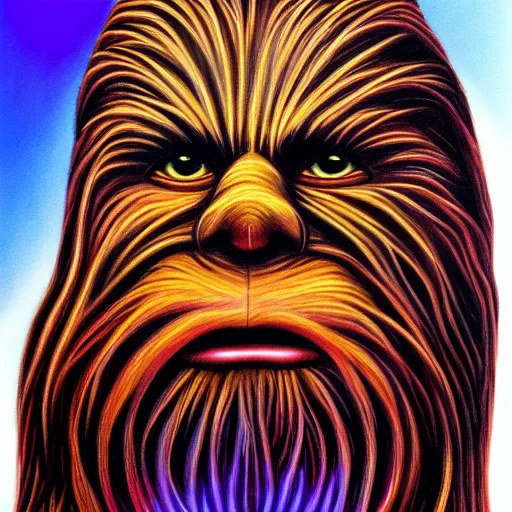 Image similar to A painting of chewbacca thinking designed by alex grey, flooko, etheral, detailed, glows,