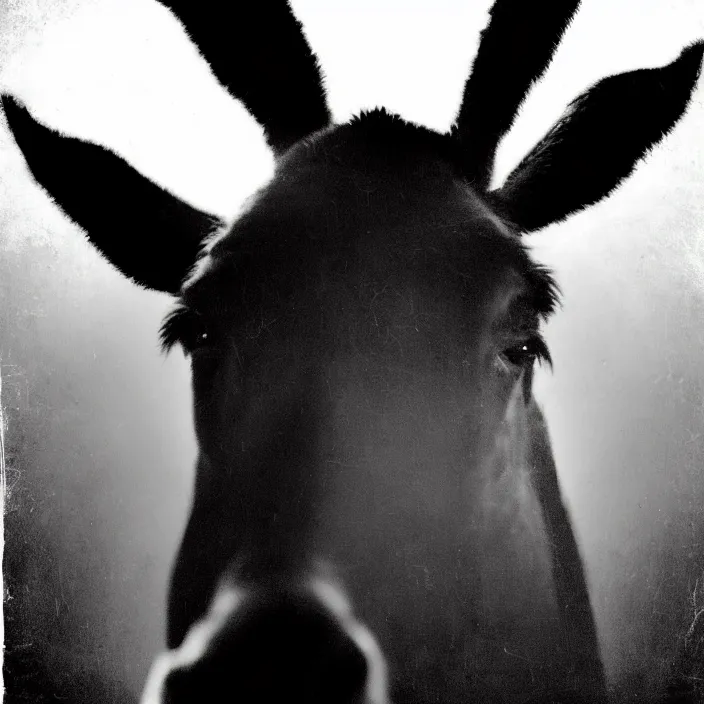 Prompt: 1 9 2 0 s horror movie poster featuring the silhouette of a head of a donkey, dark atmosphere, minimalist, sharp focus, smooth, dramatic lighting, 8 k