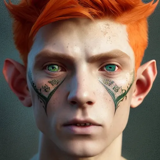 Image similar to portrait painting of an elven eladrin young man with short light orange hair and freckles and fine tribal tattoos on his cheekbones, ultra realistic, concept art, intricate details, eerie, highly detailed, photorealistic, octane render, 8 k, unreal engine. art by artgerm and greg rutkowski and charlie bowater and magali villeneuve and alphonse mucha