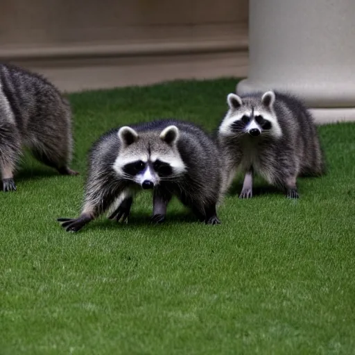 Prompt: a picture of raccoons invading the White House