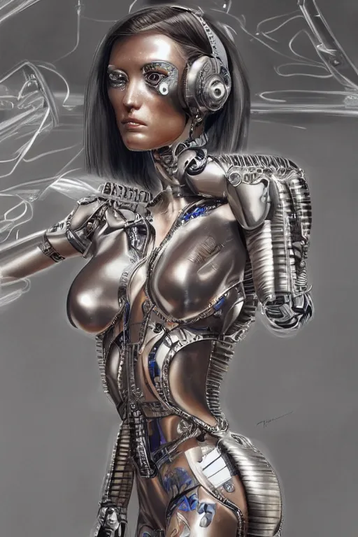 Prompt: Photorealistic illustration, fashion show with cyborg , with fashion clothe, six digital eyes by sorayama , sci-fi, futuristic, intricate, elegant, highly detailed, digital painting, artstation, concept art, smooth, sharp focus, art by artgerm, sorayama, greg rutkowski and alphonse mucha