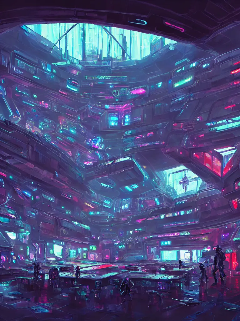 Image similar to the interior of a celestial spaceship cyberpunk hangar in a bioluminescent walls decorated beautifully, lots of cyberpunk design elements like humanoids and mecha robots, warm sunlight shining in, lots of cables and neon signs, concept art 8 k resolution, fantasy illustration, sharp focus, detailed painting, deep color, volumetric lighting, crepuscular rays