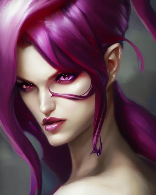 Image similar to portrait Evelynn character league-of-legends game flamed hair sharp fine-face, pretty face, realistic shaded Perfect face, fine details. Anime. Evelynn league-of-legends game realistic shaded lighting by artgerm, rutkowski Jeremy Lipkin and Giuseppe Dangelico Pino and Michael Garmash and Rob Rey