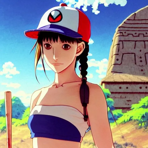 Image similar to beautiful boyish natalie portman gravure model in majora's mask, wearing wooden mask and baseball cap and leotard, street wear with subtle mayan patterns, aztec bathing suit, gapmoe yandere grimdark, trending on pixiv fanbox, painted by greg rutkowski makoto shinkai takashi takeuchi studio ghibli, akihiko yoshida