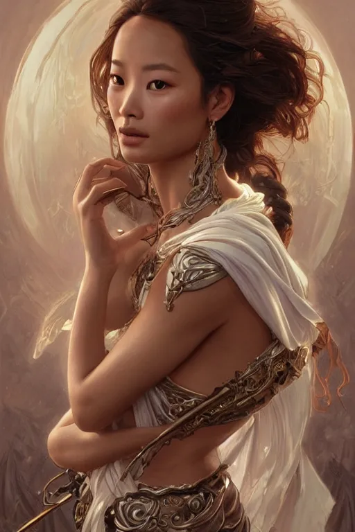 Image similar to ultra realistic illustration, a stunningly beautiful greek goddess of chaos played by jamie chung, intricate, elegant, highly detailed, digital painting, artstation, concept art, smooth, sharp focus, illustration, art by artgerm and greg rutkowski and alphonse mucha