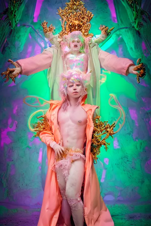 Image similar to full-body rococo and cyberpunk delicate neon crystalline sculpture of ((young muscular golden albino Colombian prince)) as an iridescent humanoid deity wearing ((peach plastic hooded cloak)) (holding a human skull) in a white castle dungeon, reclining, glowing pink face, crown of (pink lasers), large blue diamonds, swirling black silk fabric. futuristic elements. oozing glowing liquid, full-length view. space robots. intricate artwork by caravaggio. Trending on artstation, octane render, cinematic lighting from the right, hyper realism, octane render, 8k, depth of field, 3D