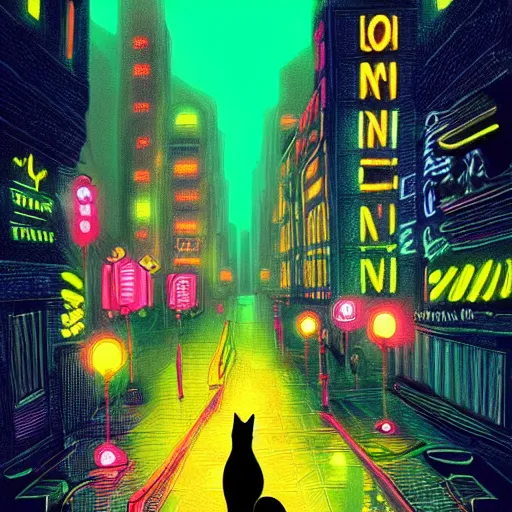 Image similar to A loan cat is walking in a beautiful neon city at night time, artistic digital art, trending on art station, extremely detailed, symmetrical