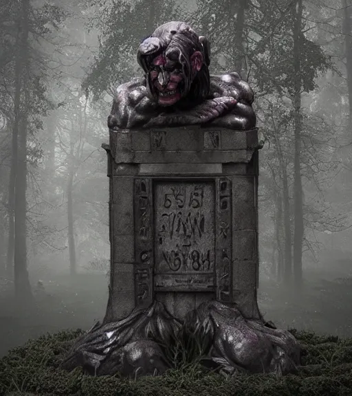 Image similar to weeping demon statue in graveyard surrounded by beautiful forest, grainy film photo, cgsociety, octane render, trending on artstation, artstationHD, artstationHQ, unreal engine, 4k, 8k
