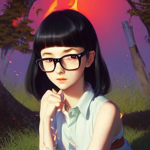 Prompt: a beautiful slim introverted black haired nerd girl in a fire pit, art by ilya kuvshinov and lois van baarle and ross tran and range murata and artgerm and andy warhol, norman rockwell, mystical trending on artstation hq, pinterest, unreal engine 5, 4 k uhd image