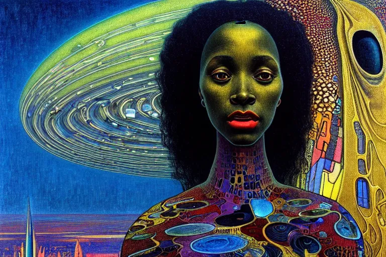 Image similar to realistic extremely detailed closeup portrait painting of a beautiful black woman in a dress with supercomputer alien, city street on background by Jean Delville, Amano, Yves Tanguy, Ilya Repin, Alphonse Mucha, Ernst Haeckel, Edward Hopper, Edward Robert Hughes, rich moody colours