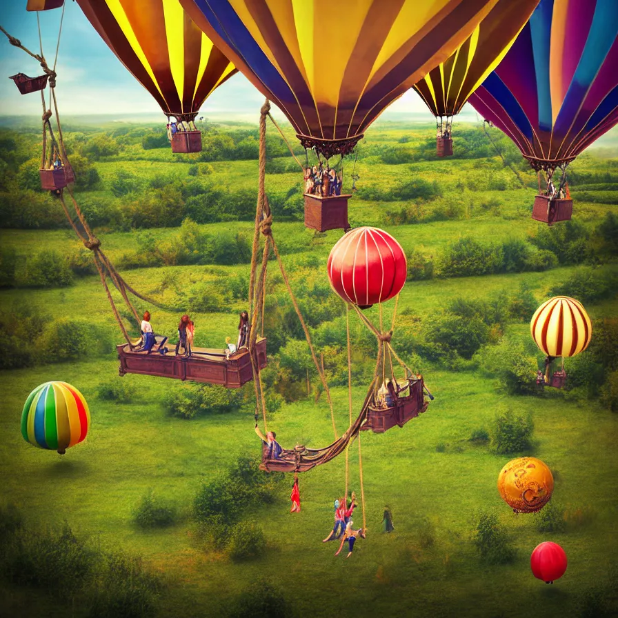 Prompt: large colorful steampunk balloons with people on rope swings underneath, flying high over the beautiful countryside landscape, professional photography, 8 0 mm telephoto lens, realistic, detailed, digital art, unreal engine