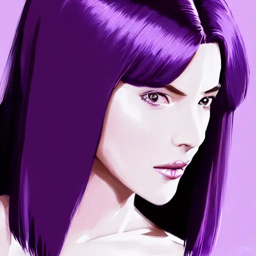 Prompt: A combination of Grace Kelly's and Katheryn Winnick's and Ashley Greene's faces with short violet hair and long winged eyelashes as Motoko Kusanagi from Ghost in The Shell, cyberpunk style, synthwave aesthetic, fantasy, intricate, elegant, highly detailed, digital painting, artstation, concept art, matte, sharp focus, illustration, half body portrait, anime style, art by Artgerm and Greg Rutkowski and Alphonse Mucha