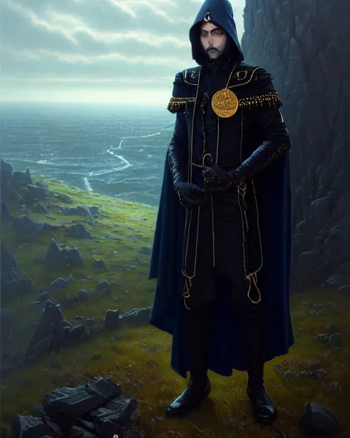 Image similar to handsome mage looking into the distance, long black hair blue eyes wearing leather mantle gothic navy cloak with gold details, cliffside town, fantasy character portrait, hyperrealism, concept art, intricate details, highly detailed by greg rutkowski, ilya kuvshinov, gaston bussiere, craig mullins, simon bisley