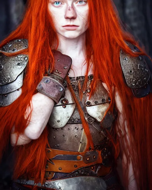 Image similar to north female warrior, red hair, ginger hair, long hair, fantasy, female Viking, high detailed, photography, cloudy, lightweight leather armour, Scandinavia, plain, detailed face, cute face, look into the distance, professional model, glowing skin, serious face, full body, professional photographer, masterpiece, extremely detailed, professional camera, 50 mm, 8k, 3D