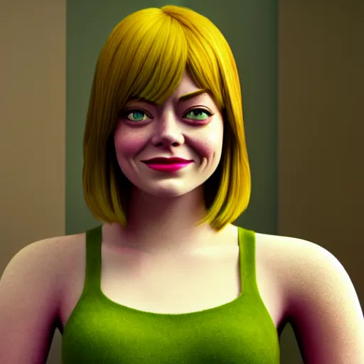 Image similar to Emma Stone as a female version of Shrek, Shrek face features, fully detailed, high quality , 4k , octane render , soft lightening , masterpiece