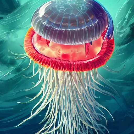 Image similar to ilya kuvshinov and katsuhiro otomo style jellyfish in a bright ocean, deep focus, fantasy, intricate, elegant, highly detailed, digital painting, artstation, concept art, matte, sharp focus, illustration