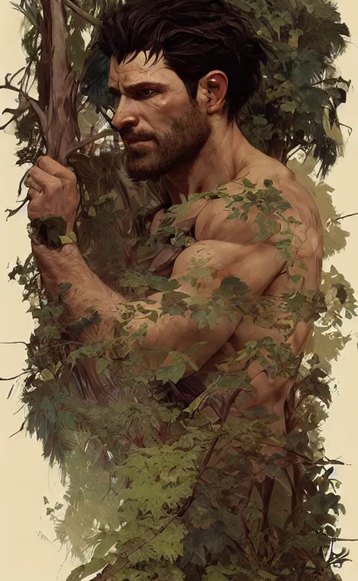 Image similar to god of the forest, 30 years old, rugged, male, gorgeous, detailed face face face face, amazing, thighs thighs thighs thighs, muscular, intricate, highly detailed, digital painting, artstation, concept art, sharp focus, illustration, art by greg rutkowski and alphonse mucha