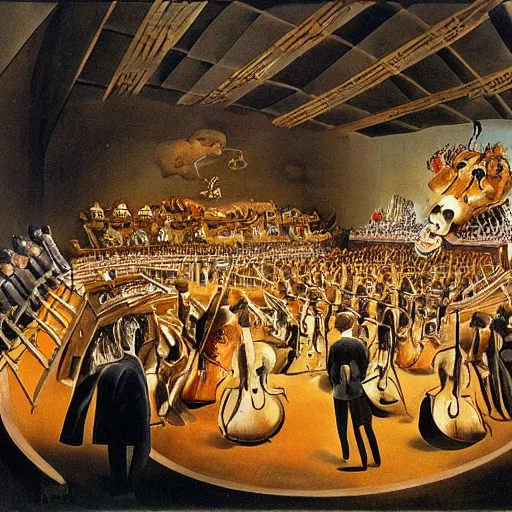 Image similar to orchestra painted by an insane dali