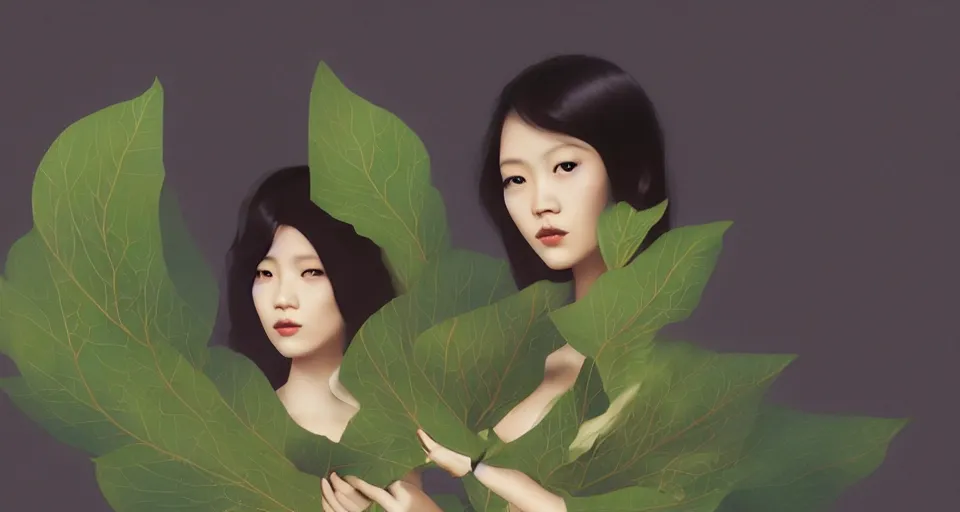 Image similar to asian female wearing leaf costume, contrast lightning, rough dark background, art by dannylailai, by hsiao ron cheng