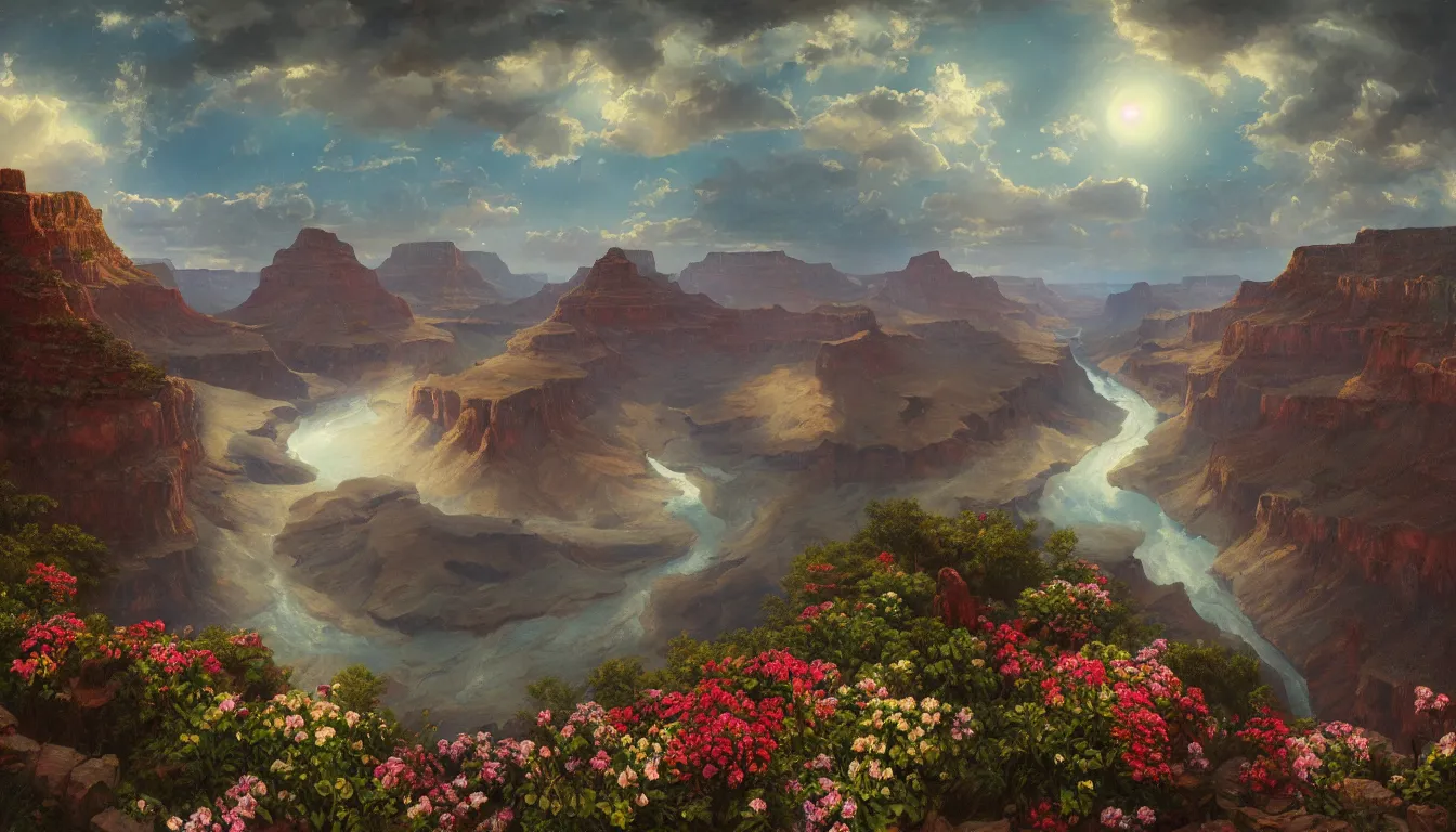 Image similar to An epic fantastic realism comic book style painting of the most beautiful flowers raining from the skies over the Grand Canyon, fisheye lens, painted by the Hudson River school, unreal 5, DAZ, hyperrealistic, octane render, dynamic lighting