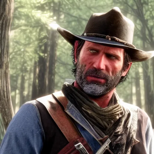 Prompt: Film still of Arthur Morgan from Red Dead Redemption 2 as Rick Grimes, from The Walking Dead (2010 TV Show)
