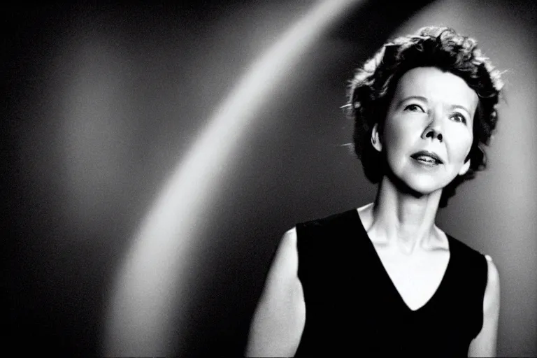 Image similar to film still of annette bening i'm cosmic horror! the musical by david cronenberg, 3 5 mm film, atmospheric, ultra fine detail, film grain, photorealistic