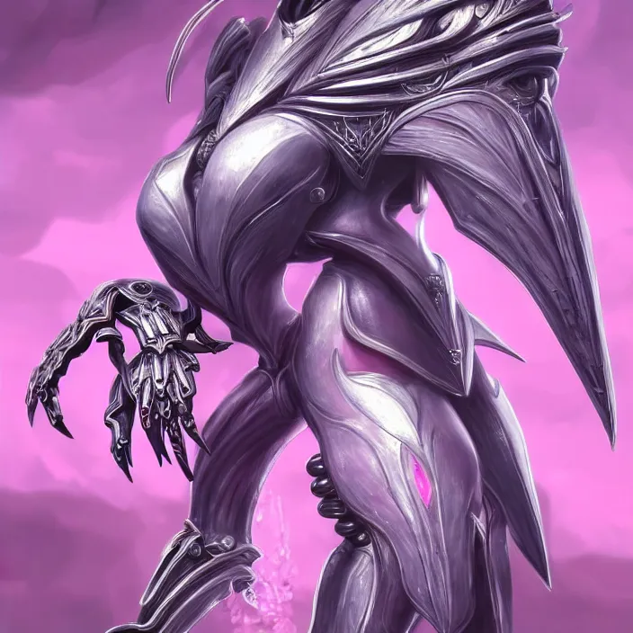 Image similar to highly detailed exquisite fanart, of a beautiful female warframe, but as an anthropomorphic robot dragon, shiny white silver armor engraved, Fuchsia skin beneath the armor, sharp claws, long tail, robot dragon hands and feet, elegant pose, close-up shot, full body shot, epic cinematic shot, professional digital art, high end digital art, singular, realistic, DeviantArt, artstation, Furaffinity, 8k HD render