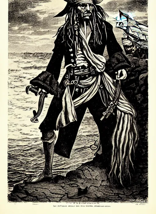 Prompt: illustration davey jones from the pirate of the caribbean, etching by louis le breton, 1 8 6 9, 1 2 0 0 dpi scan, ultrasharp detail, clean scan