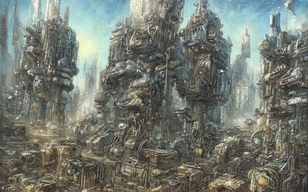 Image similar to retrofuturist robot city on planet robot by jean baptiste monge, muted colors,