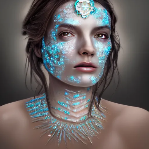Image similar to ice face fractal jewellery portrait of a woman, inspired by mandy jurgens, fractal crown, light make up, 4 k, high detailed, illustration
