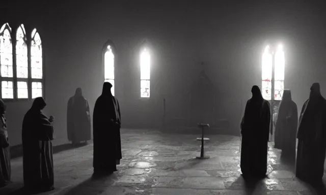 Image similar to a cultist ceremony, cultists with robes and masks, church interior, satanic church interior, the fog. horror lighting, found footage