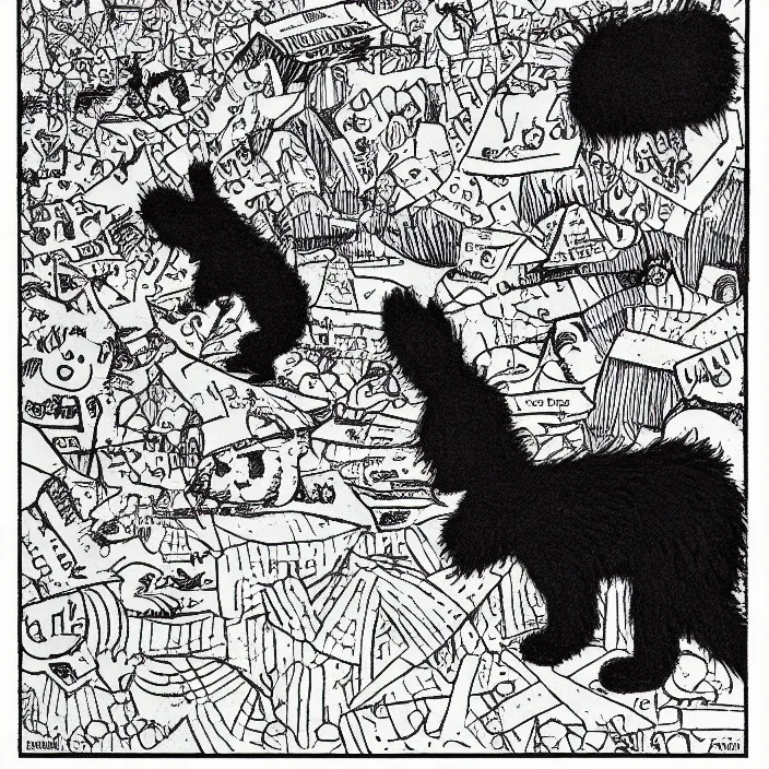 Image similar to a still frame from comic strip, black fluffy hairy furry rabbit on a clean background 1 9 5 0, herluf bidstrup, new yorker illustration, monochrome contrast bw, lineart, manga, tadanori yokoo, simplified,