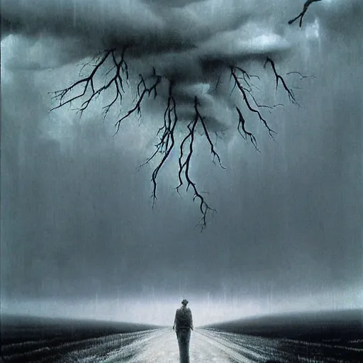 Image similar to killua zoldyck made by zdzisław beksinski, thunderstorm, 8 k, detailed, cinematic, rain, crying, black