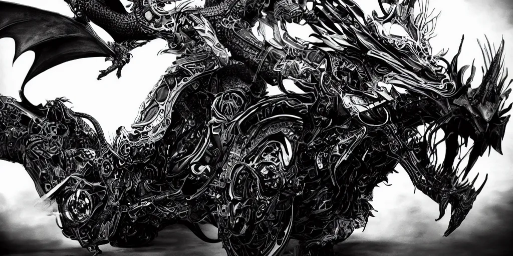 Image similar to dragon motorcycle, black and white, trending on artstation