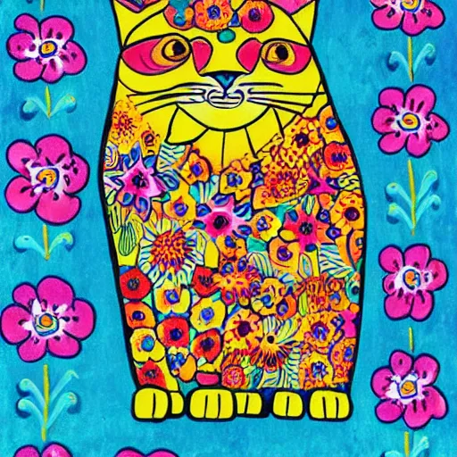 Prompt: colorful detailed patterned cat sitting in a flower garden by laurel burch