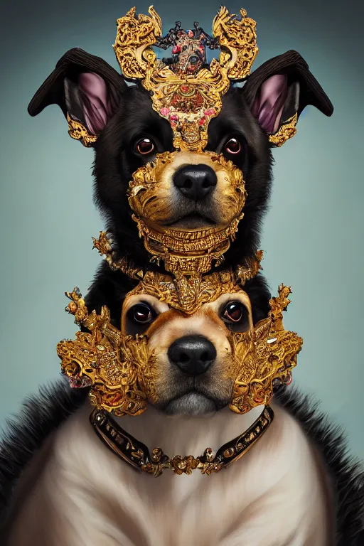 Image similar to a beautiful empress portrait, with a brilliant, impossible striking big Puppy headpiece, clothes made of puppies, everything puppies, symmetrical, dramatic studio lighting, rococo, baroque, asian, hyperrealism, closeup, D&D, fantasy, intricate, elegant, highly detailed, digital painting, artstation, octane render, 8k, concept art, matte, sharp focus, illustration, art by Artgerm and Greg Rutkowski and Alphonse Mucha