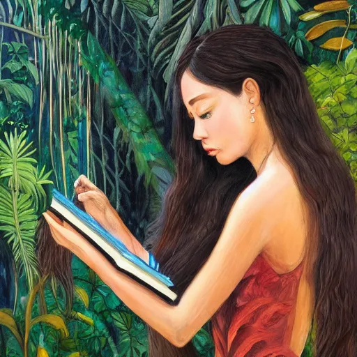 Image similar to a girl in a jungle with a book, her hair flowing down, subtle, intricate details, dynamic pose, real masterpiece, oil on canvas, by somsak anong