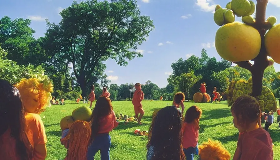 Prompt: 1990s candid photo of a beautiful day at the park, cinematic lighting, cinematic look, golden hour, large personified fruit people in the background, Enormous fruit people with friendly faces, kids talking to fruit people, UHD