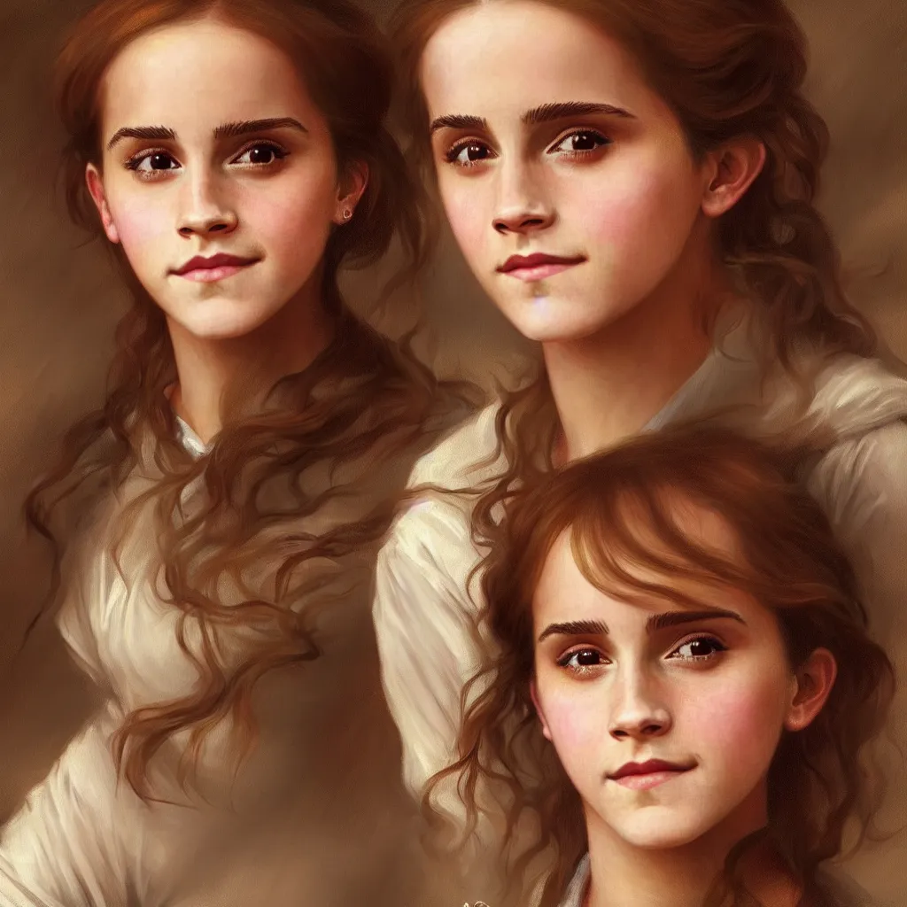 Image similar to Painting of Emma Watson as Hermione Granger. Wearing Hogwarts!!! robes!!!. Smiling. Happy. Cheerful. Art by william adolphe bouguereau. During golden hour. Extremely detailed. Beautiful. 4K. Award winning.