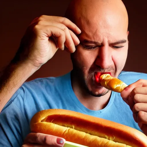 Image similar to a man eating a hot dog, highly detailed