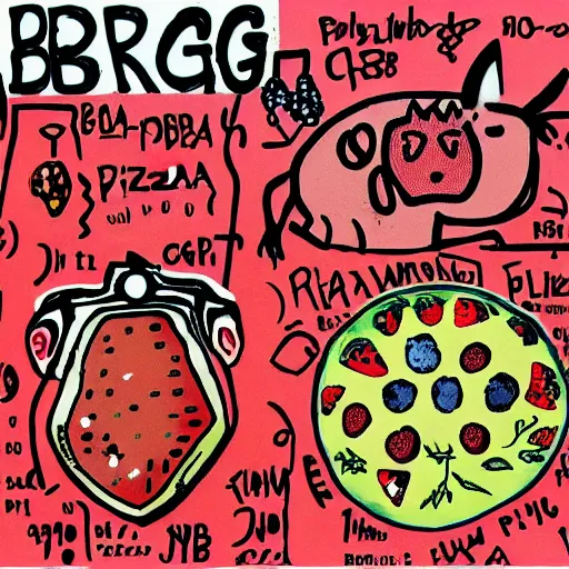 Prompt: “berries, diamonds, pigs, weeds, bagels, pig, strawberries, blueberries, raspberries, pizza, diamonds, math equations, crystals, plants, pig pig pig, central pork, pork, central station in Sydney, syringe, blood drop, scientific glassware, sketch by Jean-Michel Basquiat”