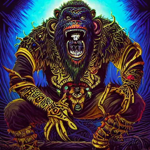 Image similar to barong family member, wiwek, mara demon, one single tribe member, jungle, one single mask, dark, ancient warrior, gorilla, lizard, tribal, inner glow, art by dan mumford and justin gerard