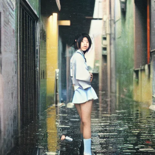 Image similar to 1990s perfect 8K HD professional cinematic photo of close-up japanese schoolgirl posing in sci-fi dystopian alleyway at morning during rain, at instagram, Behance, Adobe Lightroom, with instagram filters, depth of field, taken with polaroid kodak portra