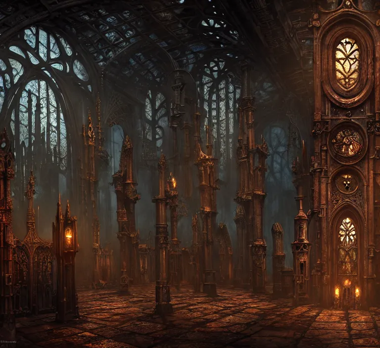 Image similar to steam necropolis, memento mori, gothic, neo - gothic, art nouveau, hyperdetailed copper patina medieval icon, stefan morrell, philippe druillet, ralph mcquarrie, concept art, steampunk, unreal engine, detailed intricate environment, octane render, moody atmospherics, volumetric lighting, ultrasharp, ominous, otherworldly