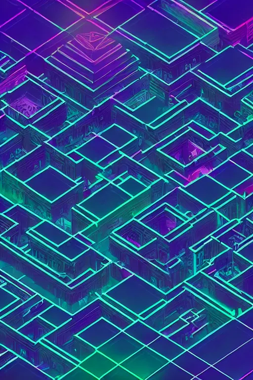 Image similar to intricate isometric axonometric synthwave illustration, geographic synthwave wireframe ground plane grid pattern, brutalist urban city cyberpunk downtown, tiling, synthwave moon high at top, luminous lines, large synthwave moon, intricate synthwave wireframe grid pattern