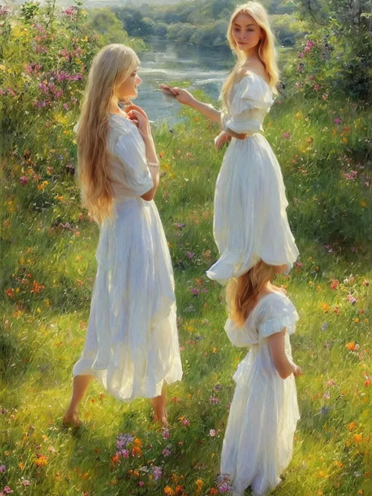 Image similar to blonde woman, dress, swedish countryside, archipelago, morning, masterpiece, highly detailed, beautiful, atmospheric, impressionism, painting by Vladimir Volegov