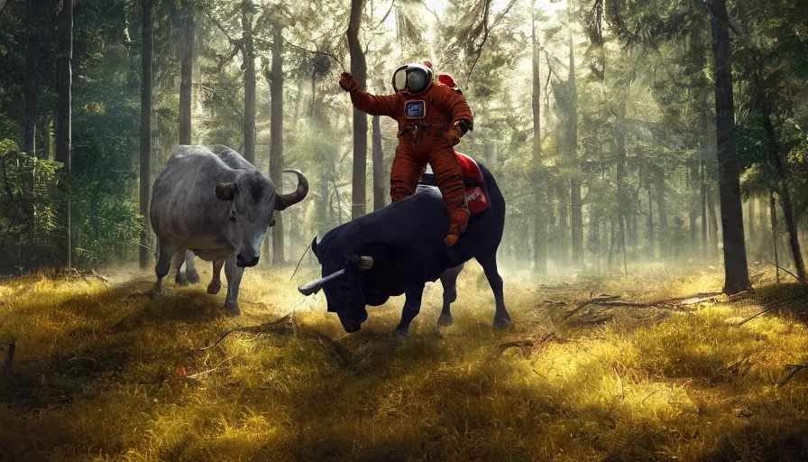 Image similar to american astronaut in the forest riding a bull, objects well lit, plants environment, wide angle, cinematic lighting, atmospheric, realistic, octane render, highly detailed, color graded, in the style of craig mullins