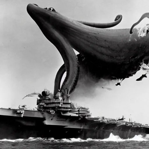 Image similar to super 8 film footage of a colossal octopus emerging from the ocean and destroying an aircraft carrier, daylight, film grain, bird sight,