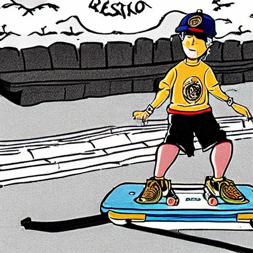 Prompt: a dodo wearing street clothes, a backwards ballcap and gold chain around its neck, on a hover board at a skate park at the beach, 1990s cartoon, anime style