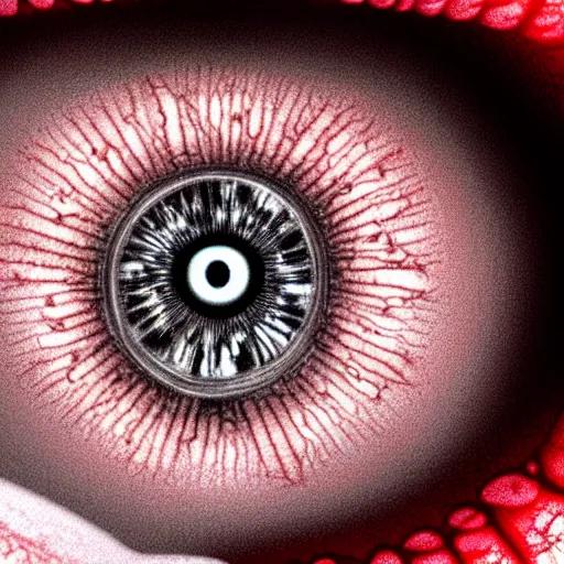 Image similar to a detailed extremely close up of inside the iris, cornea, red image, microscopic, extremely close up drawing by junji ito, cgsociety, generative art, lovecraftian, parallax, cosmic horror, extremely detailed, hyperrealism, unreal engine, octane render, award winning, masterpiece, highly detailed, realistic, 4 k, digital